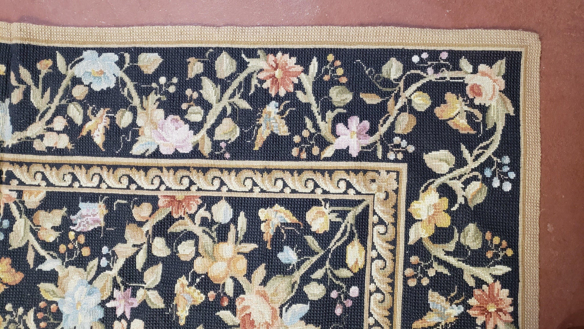 6x9 Vintage Needlepoint Rug Petitepoint Carpet Butterflies Floral Design Dark Brown & Tan 6 x 9 Handmade Flatweave Area Rug - Nuvé
