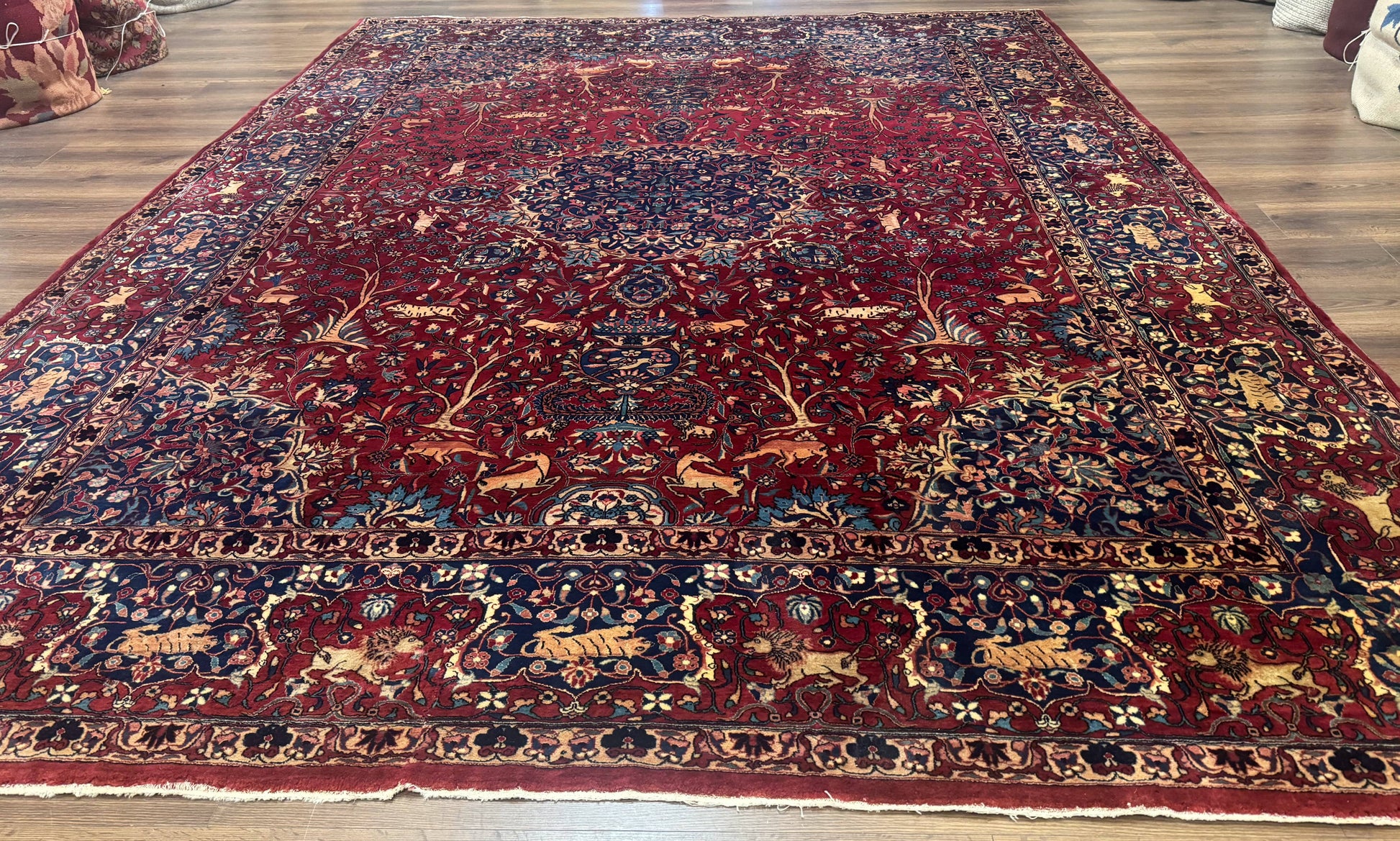 Antique Indo Persian Kerman Rug 9x12 Red Manchester Wool Animal Pictorials, Fine 290 KPSI - Nuvé