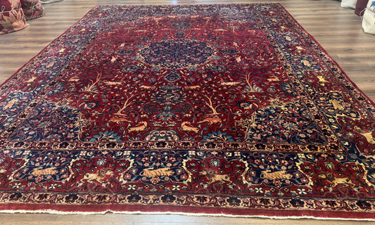 Antique Indo Persian Kerman Rug 9x12 Red Manchester Wool Animal Pictorials, Fine 290 KPSI - Nuvé