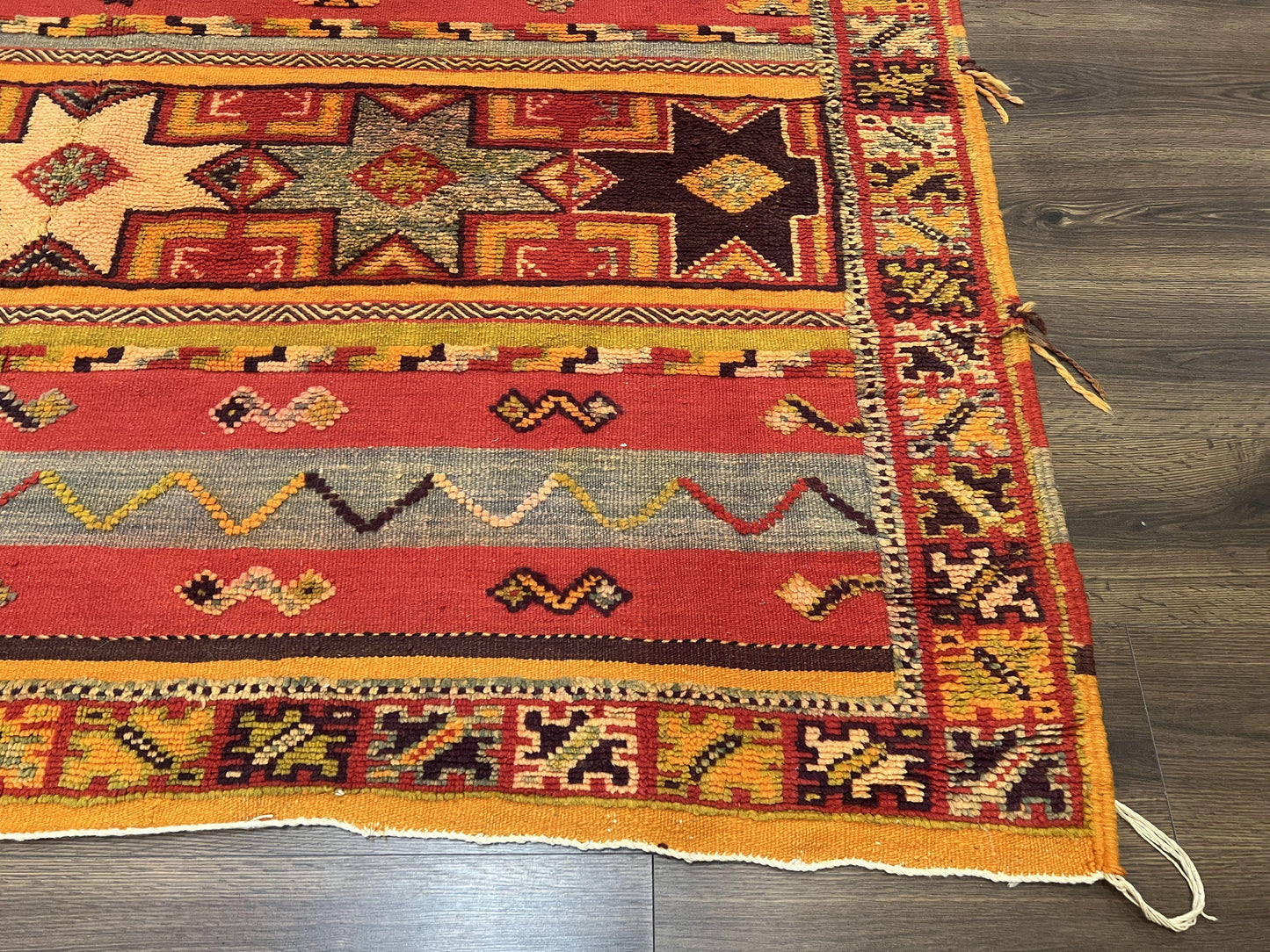 Unique Moroccan Rug 7x10, Room Sized Carpet, Red Orange Gray, Wool Oriental Striped Geometric Tribal Boho Rug, Flatweave with Raised Pile - Nuvé