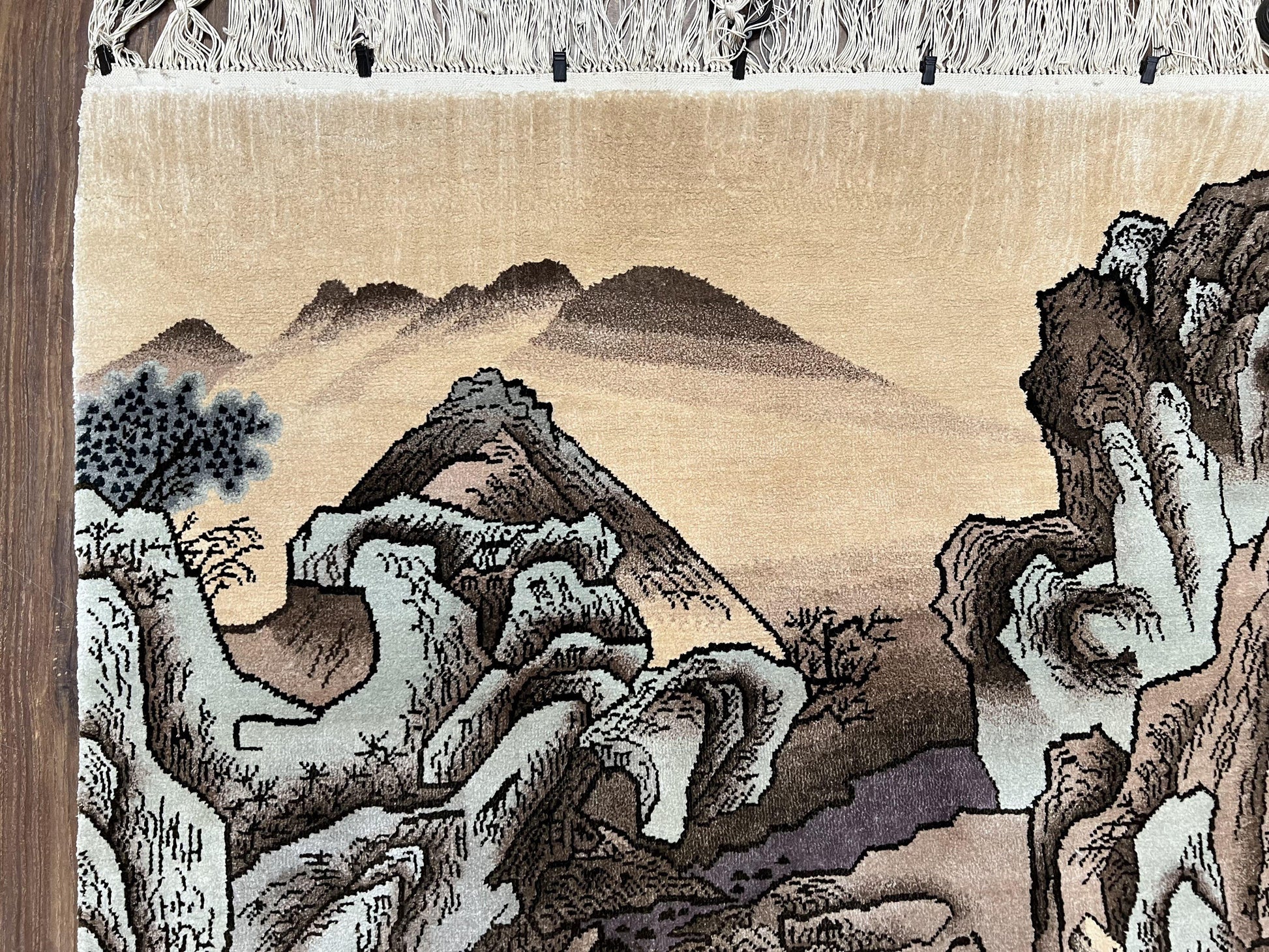 Silk Chinese Wall Hanging Rug 3x6 ft Tapestry, Pagoda Scene, Pictorial, High Quality Fine Hand Knotted Vintage, Asian Oriental Handmade Nice - Nuvé
