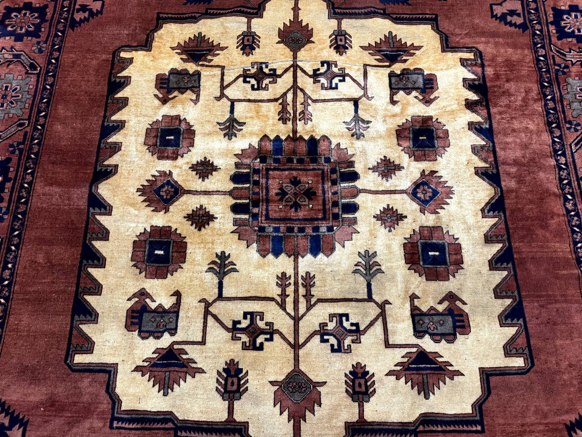 Afghan Heriz Rug 9x12, Tribal Geometric Serapi Carpet, Rust Cream and Navy, Wool on Wool - Nuvé