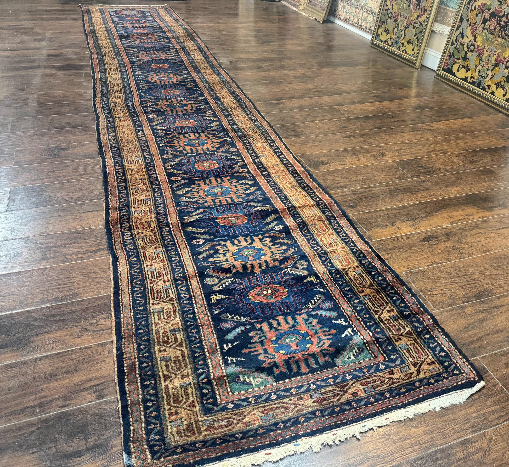 Antique Persian Sarab Runner 3x17, Blue Persian Runner Rug, Long Handmade Wool Carpet for Hallway, Rare, Tribal - Nuvé