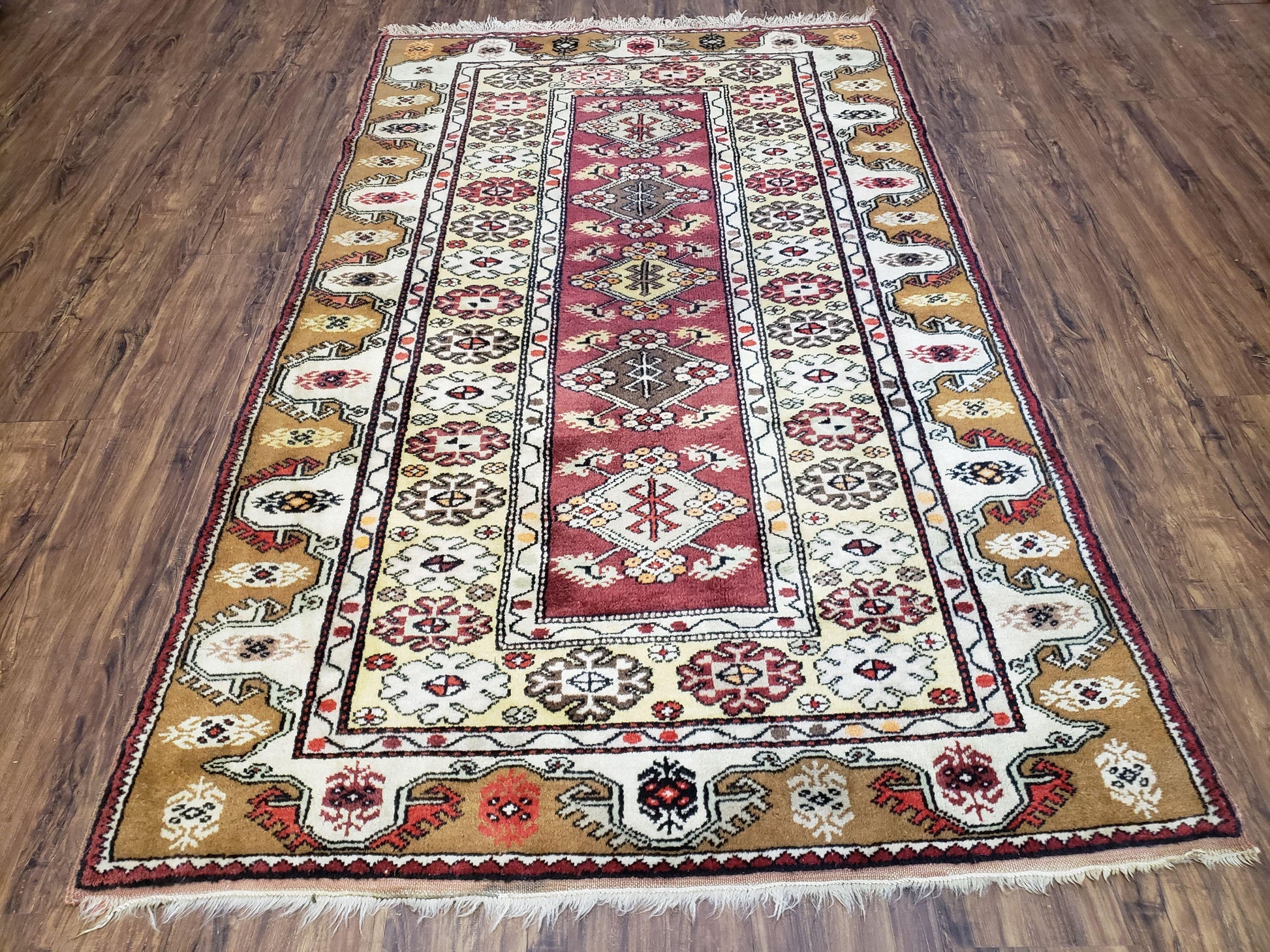 Turkish Caucasian Rug 4x7, Vintage Hand-Knotted Wool Turkish Talish Carpet 4 x 7, Cream, Burnt Orange Carmine Red Area Rug, Bohemian Rug - Nuvé