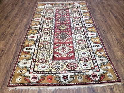 Turkish Caucasian Rug 4x7, Vintage Hand-Knotted Wool Turkish Talish Carpet 4 x 7, Cream, Burnt Orange Carmine Red Area Rug, Bohemian Rug - Nuvé