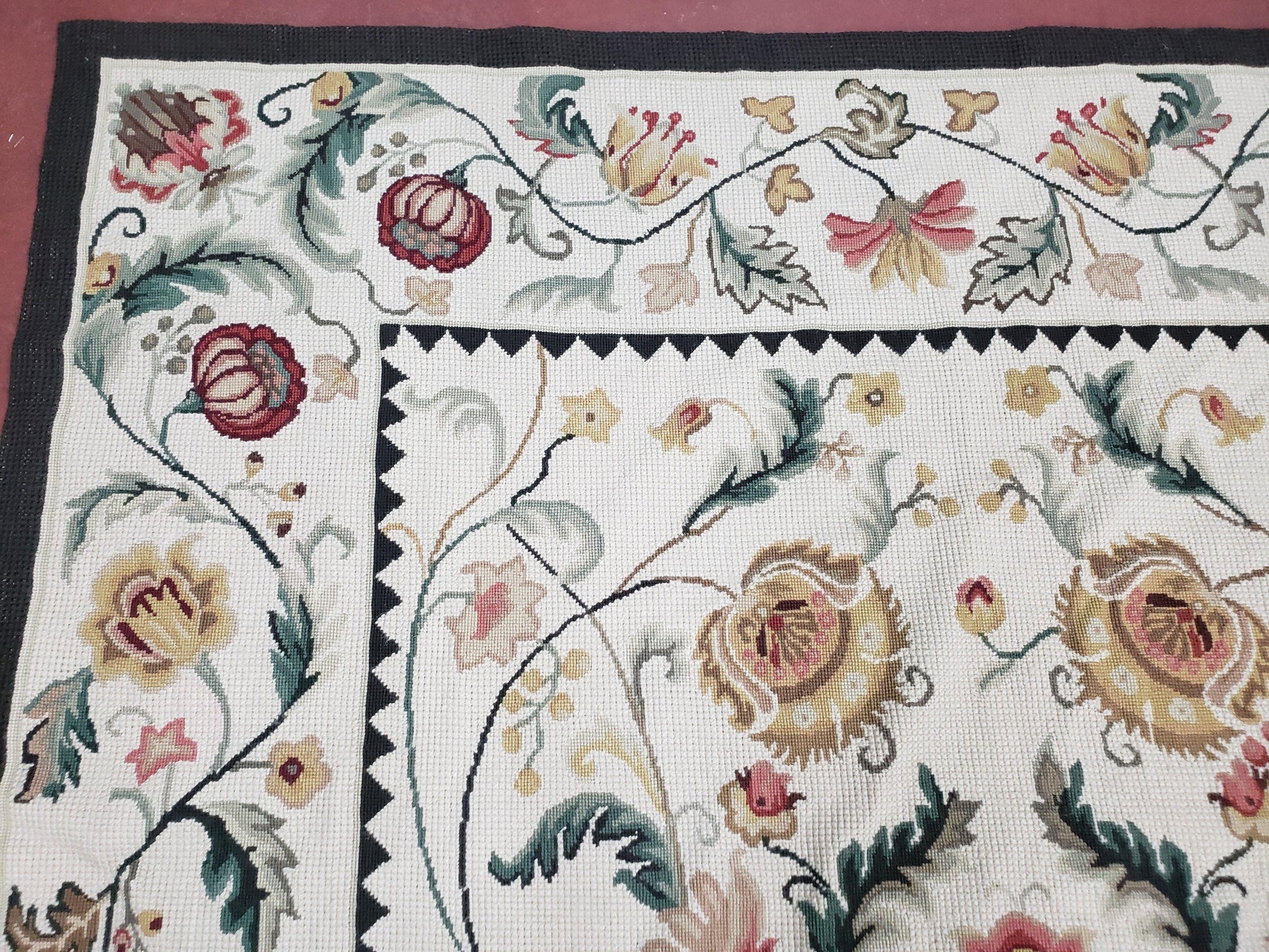 New Needlepoint Rug 9x12, Hand Woven Wool Area Rug, Flatweave Carpet, Handmade Chinese Needlepoint, Floral European Design, Ivory Background - Nuvé