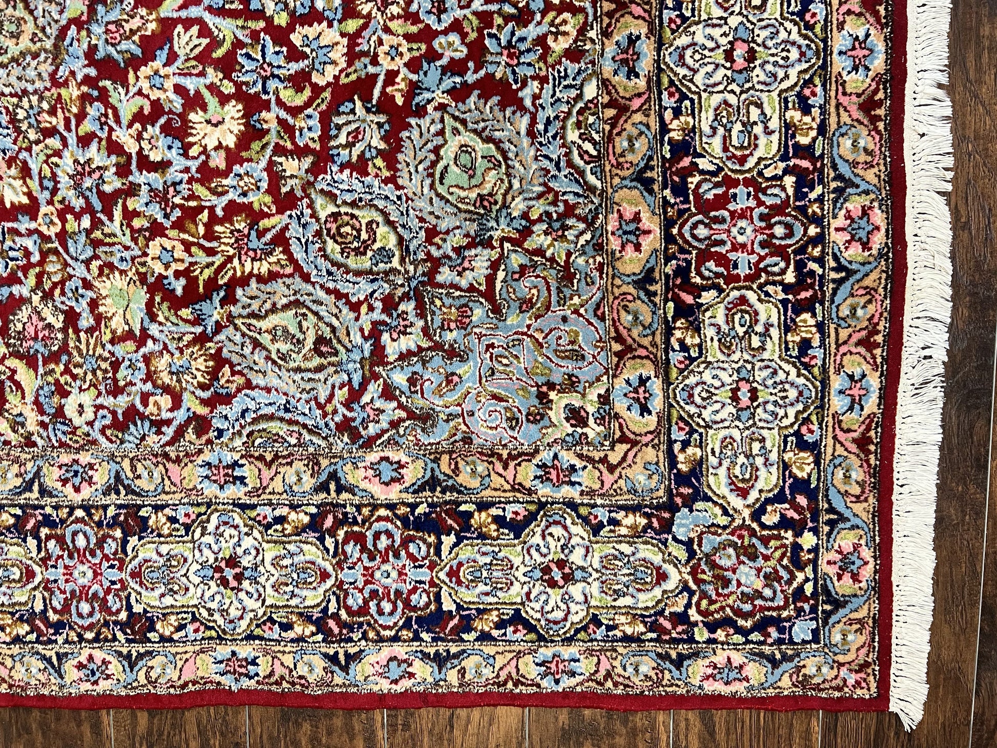 Persian Rug 7x10, Kirman Oriental Carpet 7 x 10 ft, Hand Knotted Wool Floral Medallion Semi Antique Persian Rug, Dark Red Light Blue Vintage - Nuvé