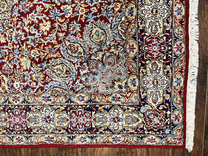 Persian Rug 7x10, Kirman Oriental Carpet 7 x 10 ft, Hand Knotted Wool Floral Medallion Semi Antique Persian Rug, Dark Red Light Blue Vintage - Nuvé