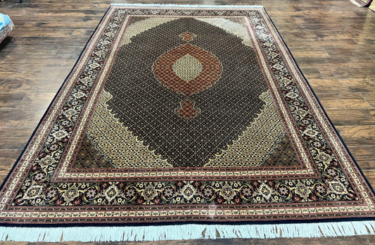 Persian Tabriz Rug 7x10, Very Fine 330 KPSI 50 Raj, Black and Beige, Handmade Wool Vintage Persian Carpet - Nuvé