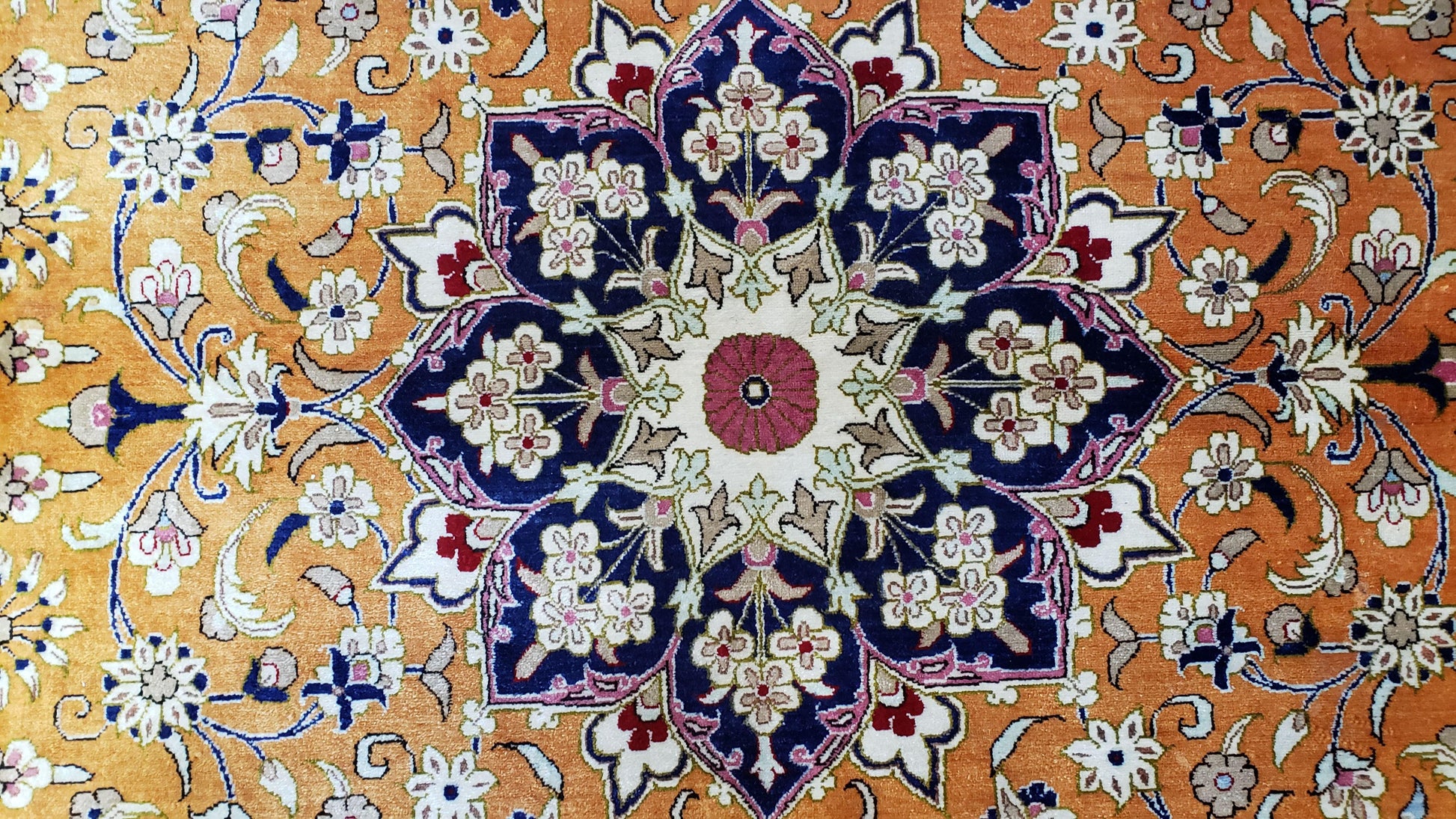 Vintage Persian Qum Silk Rug 4.6 x 6.7, Burnt Orange and Navy Blue, Antique Oriental Very Fine Signature Master Weaver 350+ KPSI Ghom Qom 5x7 Rug - Nuvé