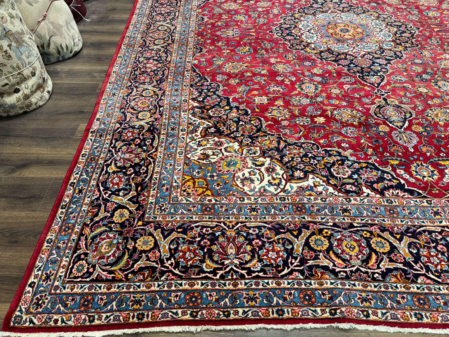 Large Persian Kashan Rug 11x14, Traditional Persian Carpet, Wool, Fine 250 KPSI, Red Navy Blue - Nuvé