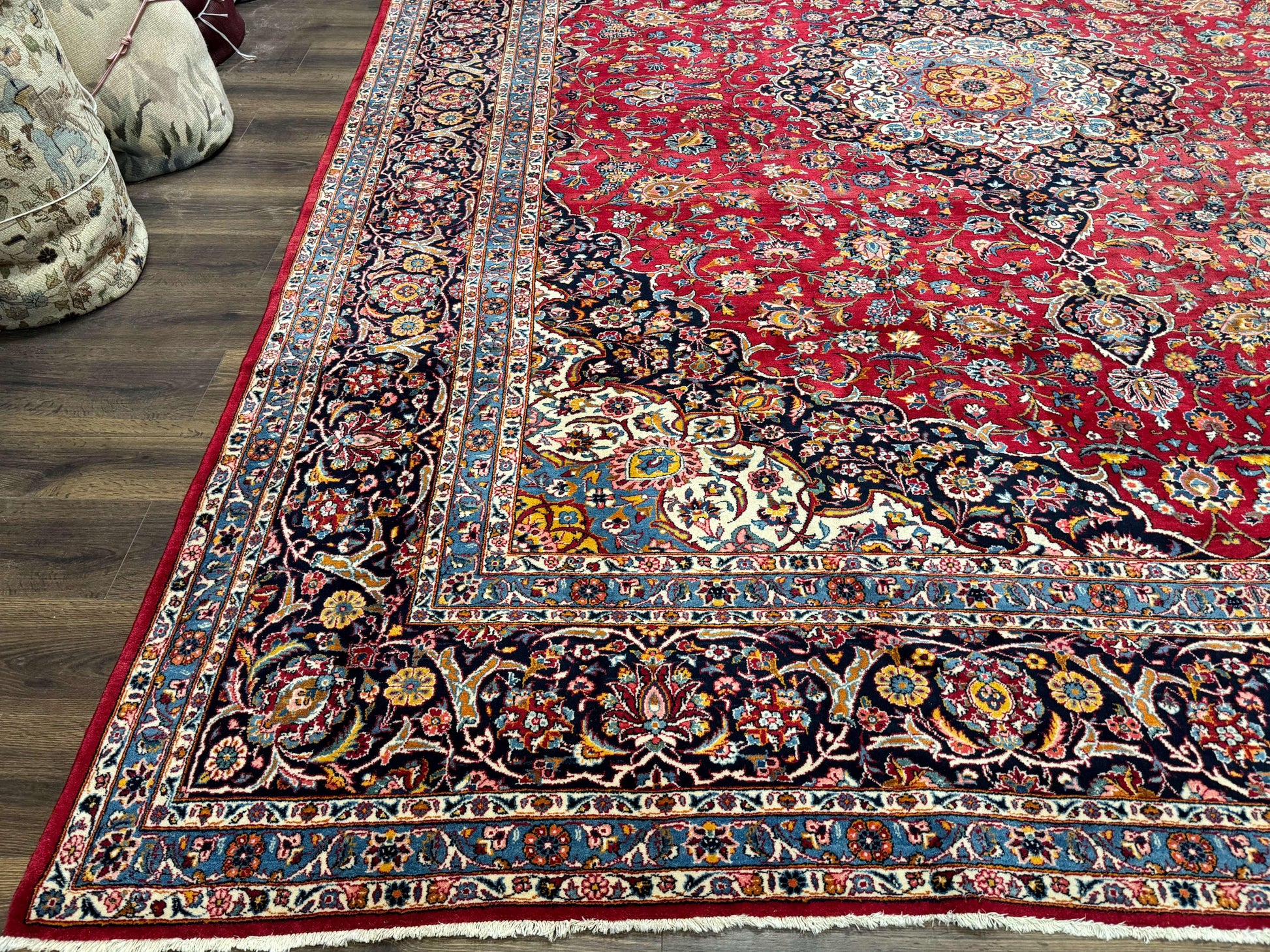 Large Persian Kashan Rug 11x14, Traditional Persian Carpet, Wool, Fine 250 KPSI, Red Navy Blue - Nuvé