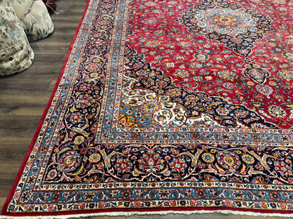 Large Persian Kashan Rug 11x14, Traditional Persian Carpet, Wool, Fine 250 KPSI, Red Navy Blue - Nuvé