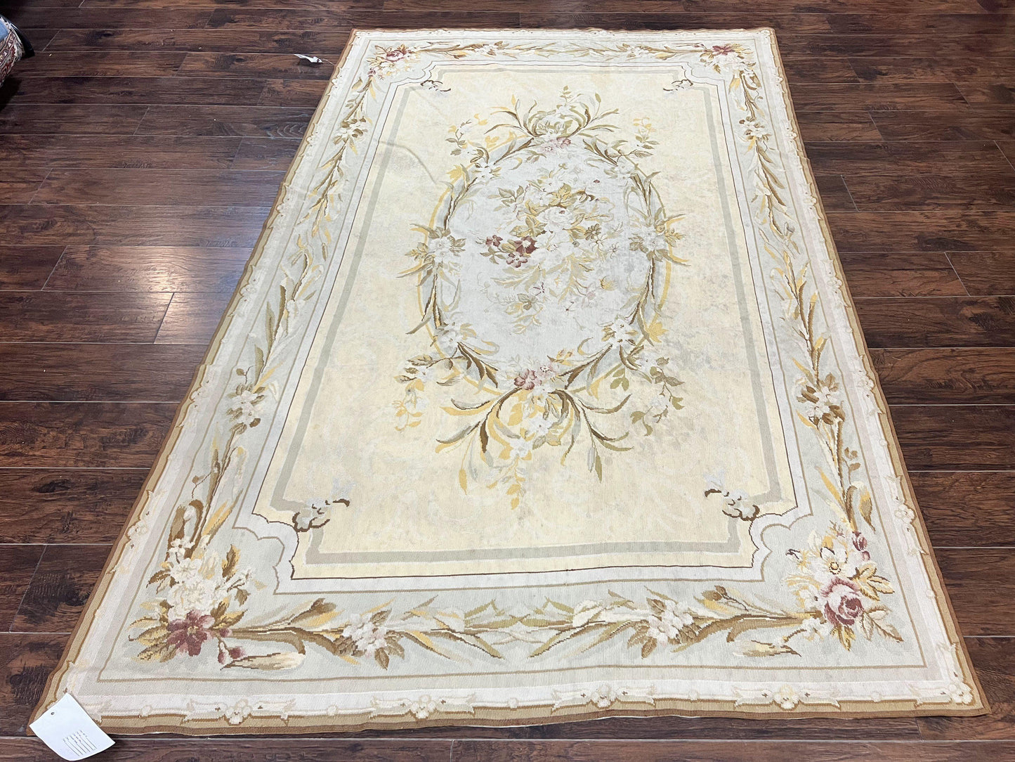Needlepoint Rug 6x9, Elegant European Design Aubusson Carpet, Vintage Wool Handmade Rug, Light Yellow Ivory - Nuvé