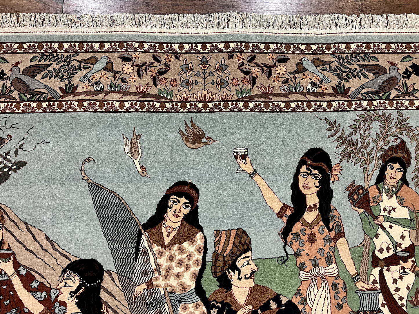 Indo Persian Pictorial Rug 4x7, Handmade Hand Knotted Wool Semi Antique Horizontal Carpet, Men & Women Drinking, Fine Rug, Bird Pictorials - Nuvé