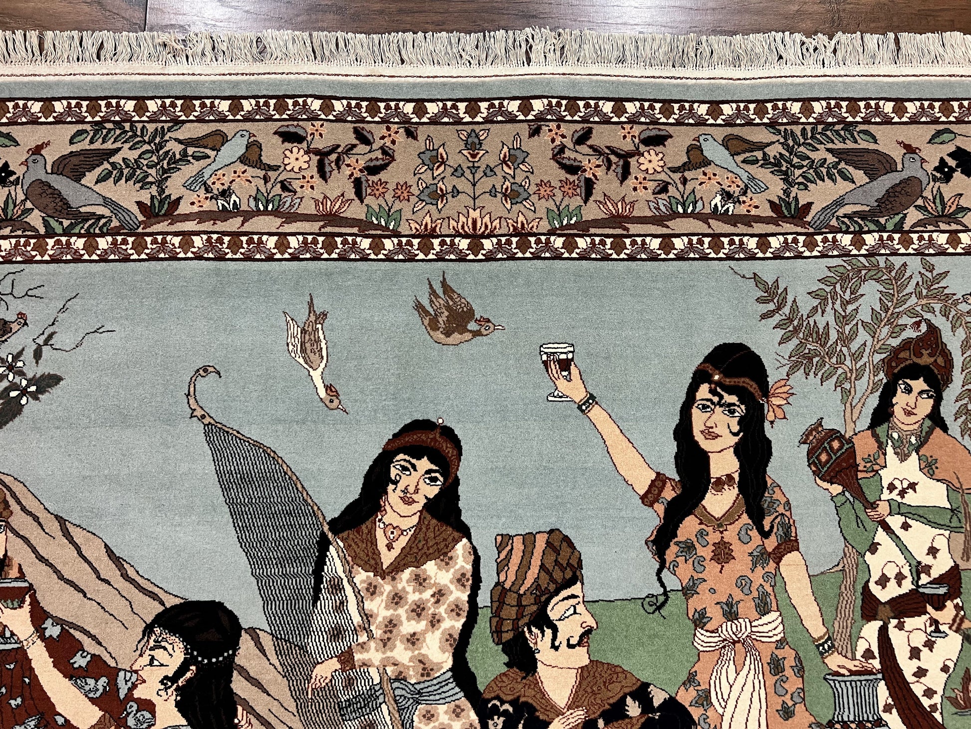 Indo Persian Pictorial Rug 4x7, Handmade Hand Knotted Wool Semi Antique Horizontal Carpet, Men & Women Drinking, Fine Rug, Bird Pictorials - Nuvé