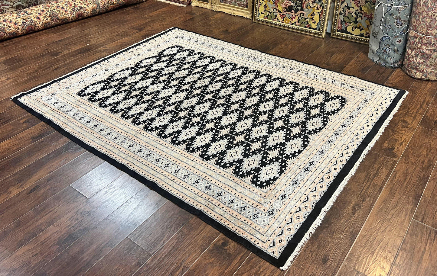 Pakistani Bokhara Rug 6x9, Hand Knotted Vintage Wool Carpet with Silk Highlights, Very Fine 320 KPSI, Medium Size