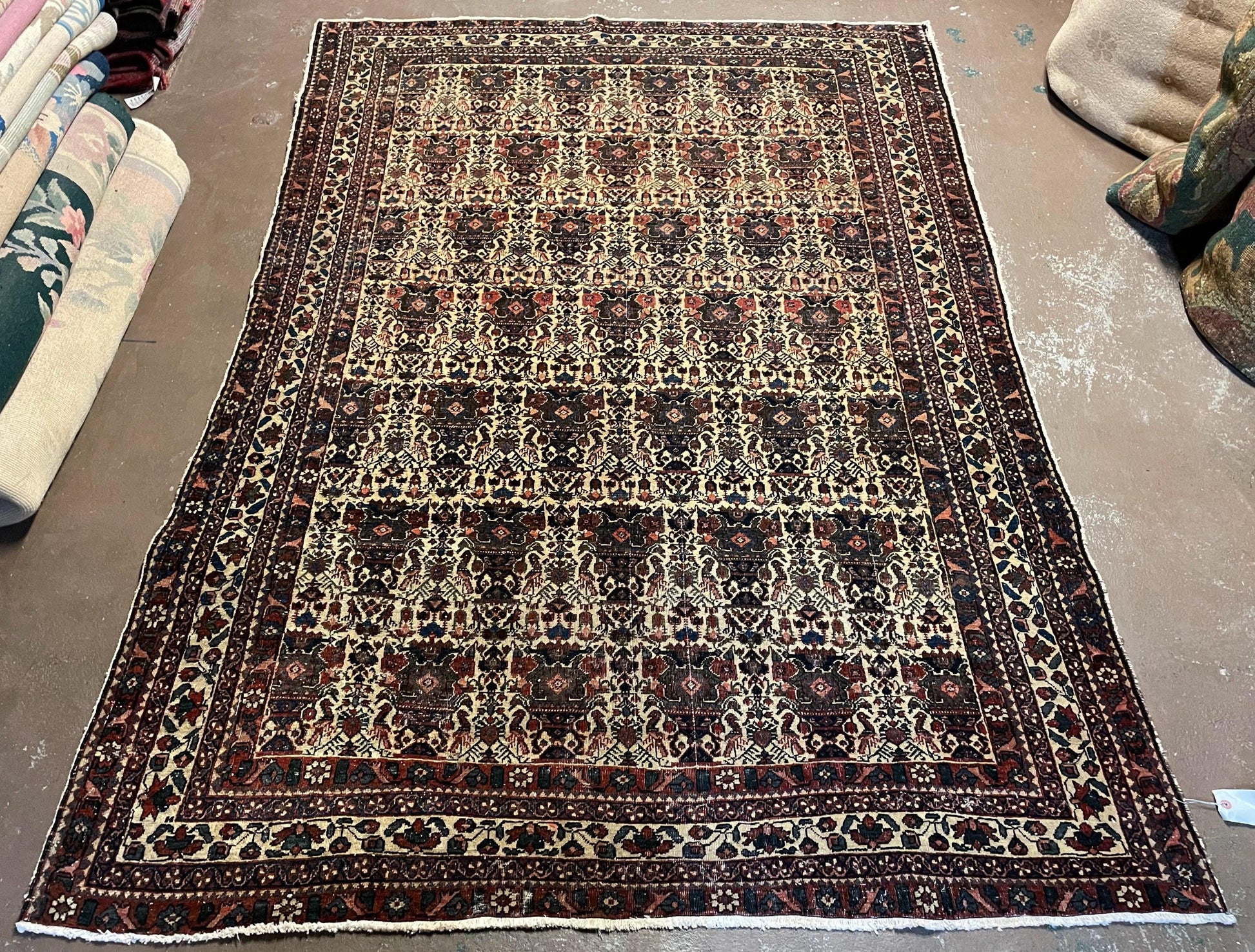 Antique Persian Afshar Rug 5x7, Wool Hand Knotted Oriental Carpet 5 x 7 ft, Repeated Motif Allover, Cream and Maroon, Tribal Rug, Medium Sized Rug,  Zil-i-Sultan Design - Nuvé