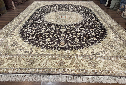 Indian Kashmiri Silk Rug 10x14, Floral Medallion - Nuvé