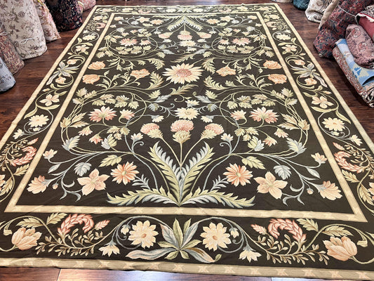 Large Needlepoint Rug 11x16, Dark Green Floral Elegant European Design Vintage Wool Handmade Carpet, Palace Size Rug - Nuvé