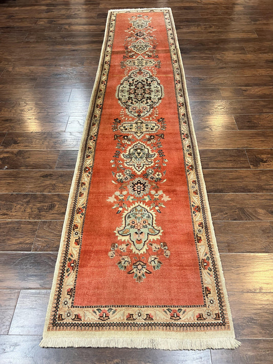 Persian Tabriz Runner Rug 3 x 12, Vintage Hand Knotted Wool Oriental Hallway Carpet, Light Red Beige Tan, Fine Weave, Semi Open Field, Traditional - Nuvé