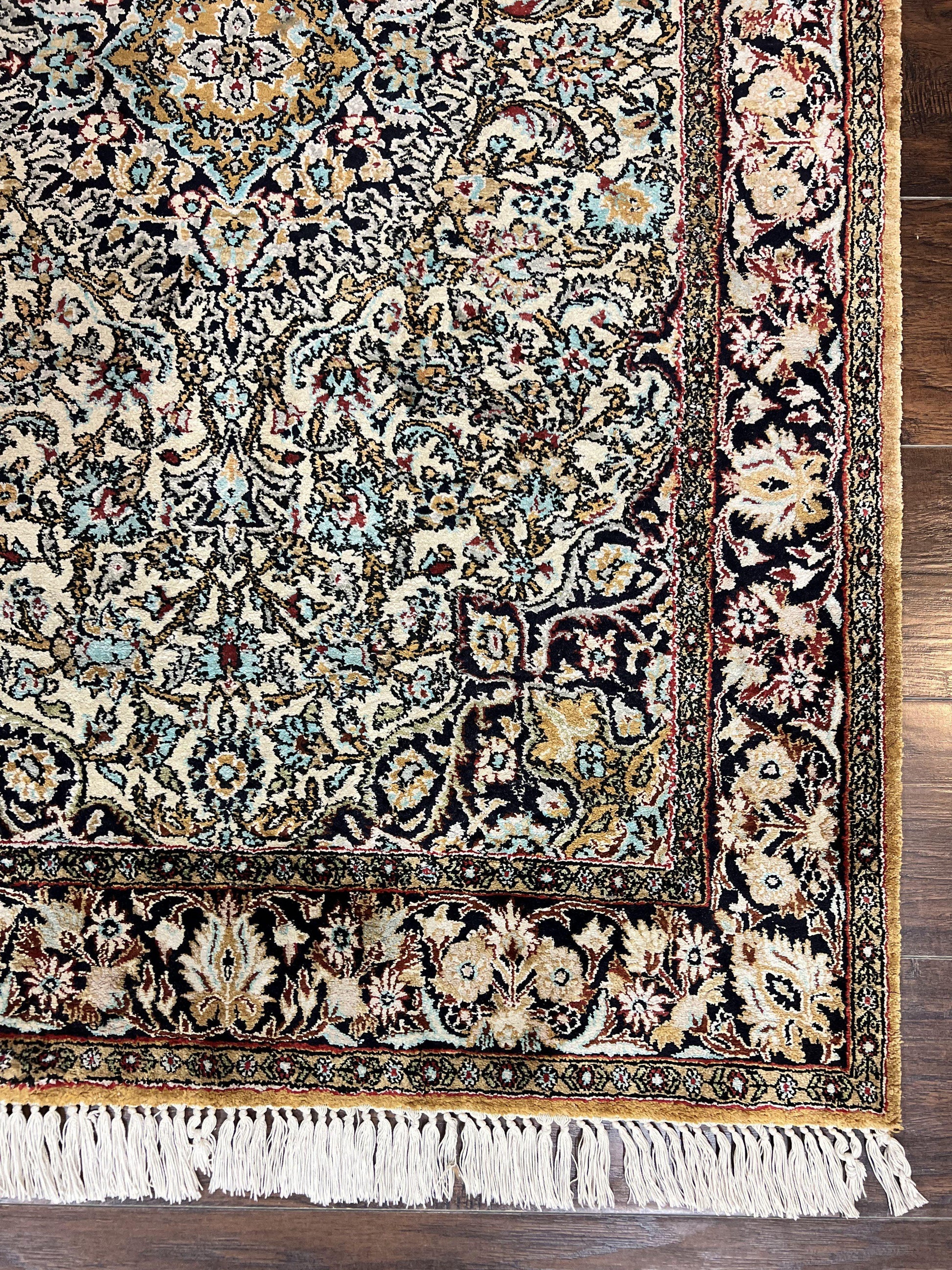 Silk Persian Qum Rug 4x5, Hand Knotted Vintage Carpet, Cream & Navy Blue, Silk Pile on Silk Foundation, Very Fine 360 KPSI - Nuvé