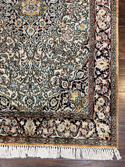 Silk Persian Qum Rug 4x5, Hand Knotted Vintage Carpet, Cream & Navy Blue, Silk Pile on Silk Foundation, Very Fine 360 KPSI - Nuvé