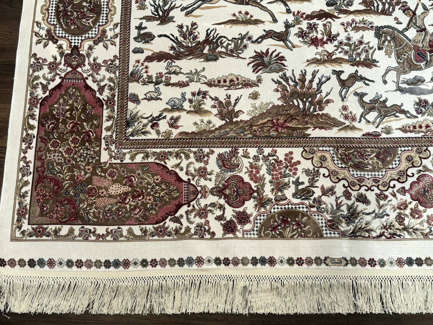 Turkish Silk Rug 5x8, Ivory, Hunting Design, Animal Pictorials, Bamboo Silk - Nuvé