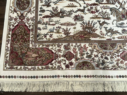 Turkish Silk Rug 5x8, Ivory, Hunting Design, Animal Pictorials, Bamboo Silk - Nuvé