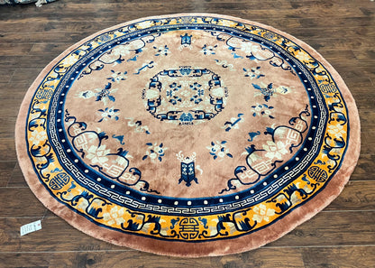 Antique Round Chinese Wool Rug 8x8, Chinese Peking Carpet, Asian Oriental Carpet 8 x 8 ft, Chinese Art Deco Rug, Nichols Rug