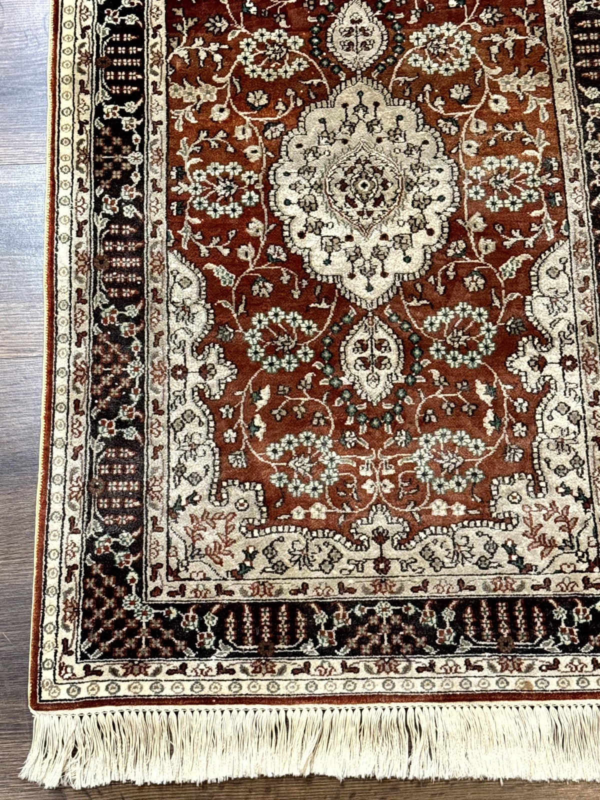 Turkish Silk Narrow Runner Rug by Jewel Rugs, 2x5.8 ft, red with floral medallions, very fine 340 KPSI silk weave.