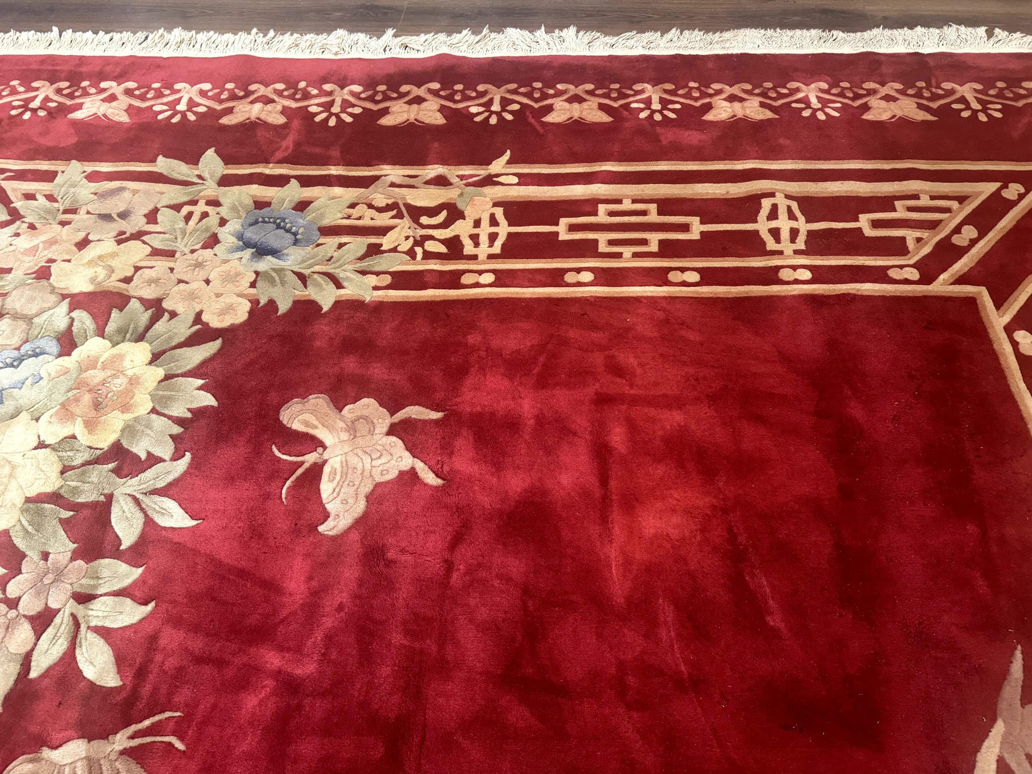 Palace Size Chinese Wool Rug 12x18, Red Art Deco Chinese Carving Carpet, Butterflies Flowers - Nuvé