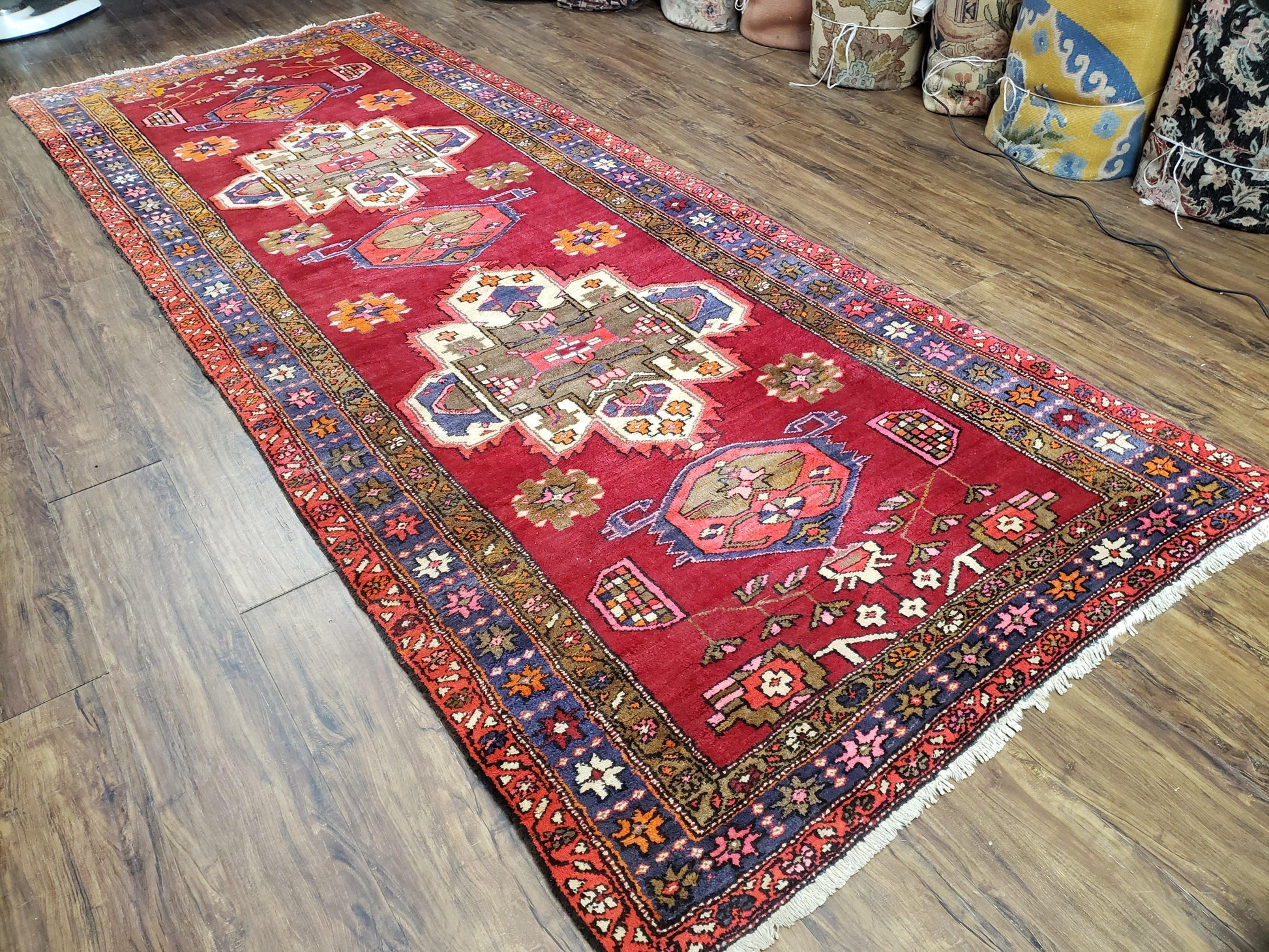 Antique Persian Karajeh Runner Rug 4.4 x 11 ft, Red Colorful Geometric Medallion Runner - Nuvé