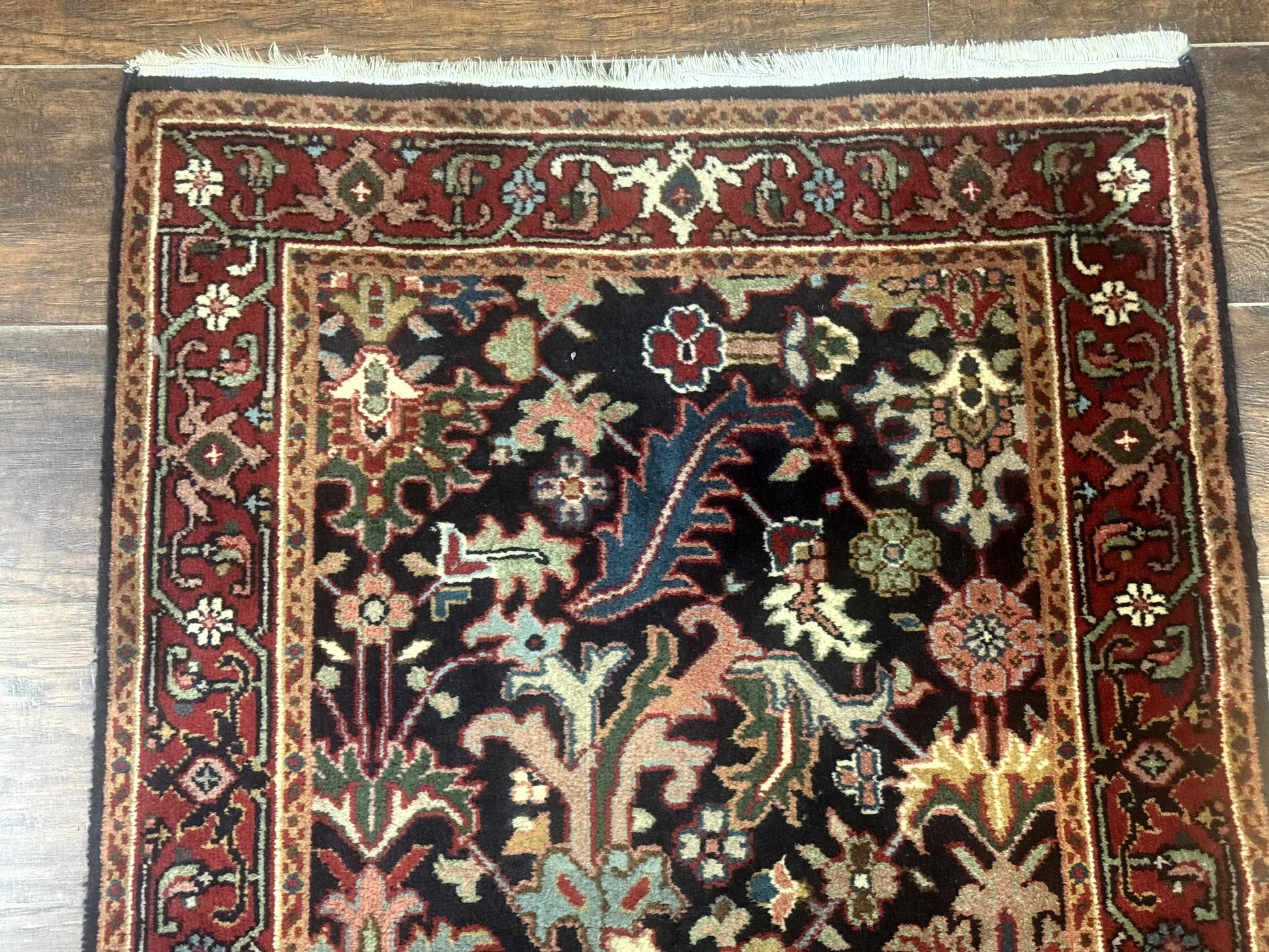 Indo Persian Runner Rug 2.7 x 13, Navy Blue and Red, Allover Floral, Wool, 13ft Runner - Nuvé