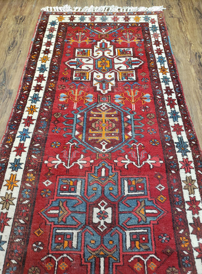 Antique Persian Heriz Karajeh Runner Rug, Red, Hand-Knotted, Wool, 3' 3" x 10' 11" - Nuvé