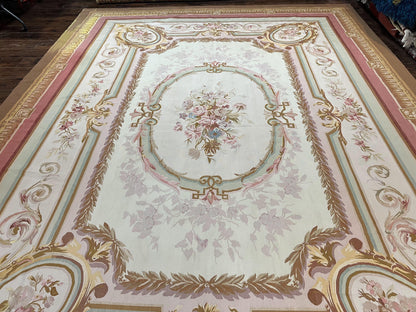 Large Aubusson Rug 11x15, Oversized Gallery Palace Size Flatweave Savonnerie Carpet 11 x 15 ft, Wool Handmade Vintage Elegant European - Nuvé