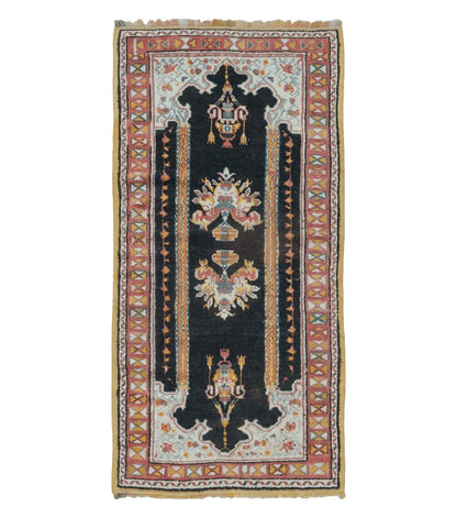 Antique Moroccan Runner Rug 3x7, Moroccan Prayer Rug, Double Mehrab Prayer Arches, Black and Red, Hand-Knotted Wool Carpet, Hallway Rug Nice