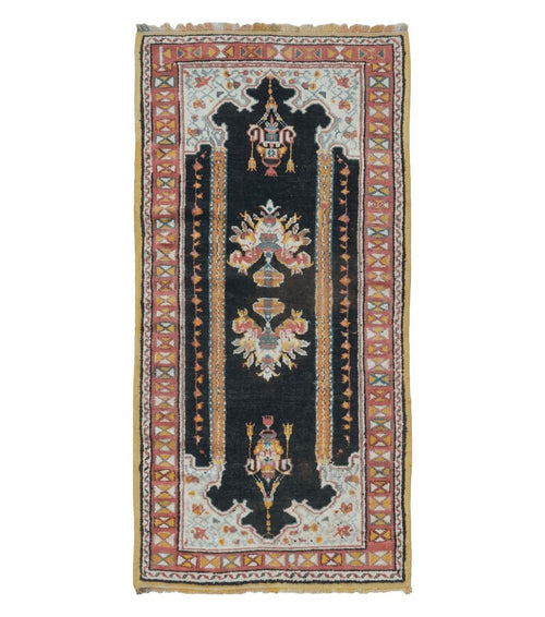 Antique Moroccan Runner Rug 3x7, Moroccan Prayer Rug, Double Mehrab Prayer Arches, Black and Red, Hand-Knotted Wool Carpet, Hallway Rug Nice