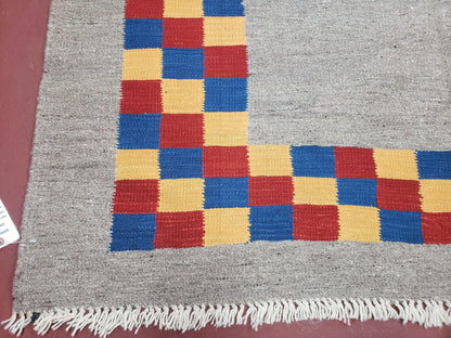 New Turkish Kilim Area Rug, Gray Carpet With Colorful Checker Border, 5'6" x 8", Flatweave Carpet, Playroom Rug, Kids Room Rug, Hand-Knotted - Nuvé