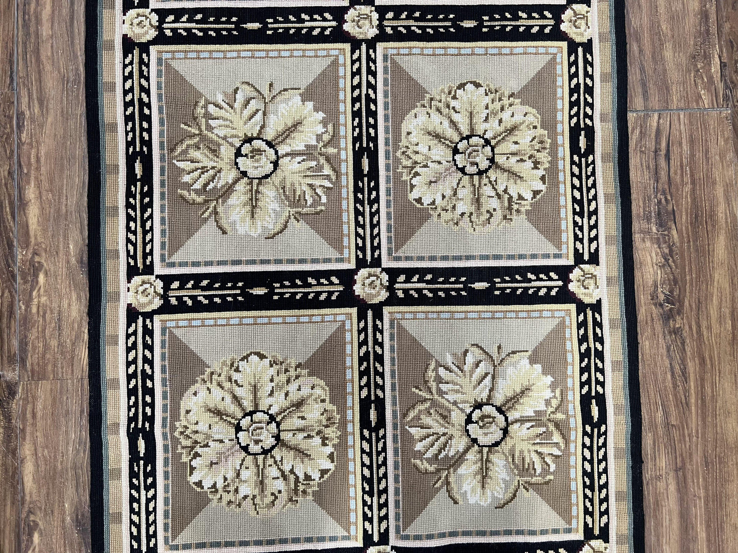 Needlepoint Runner Rug 3x8 Panel Design Rug, Flatweave Runner Rug, English Design, Floral, Short Runner Rug, Black and Beige Wool Hand-Woven - Nuvé