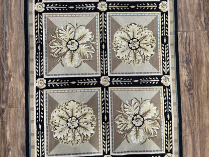 Needlepoint Runner Rug 3x8 Panel Design Rug, Flatweave Runner Rug, English Design, Floral, Short Runner Rug, Black and Beige Wool Hand-Woven - Nuvé