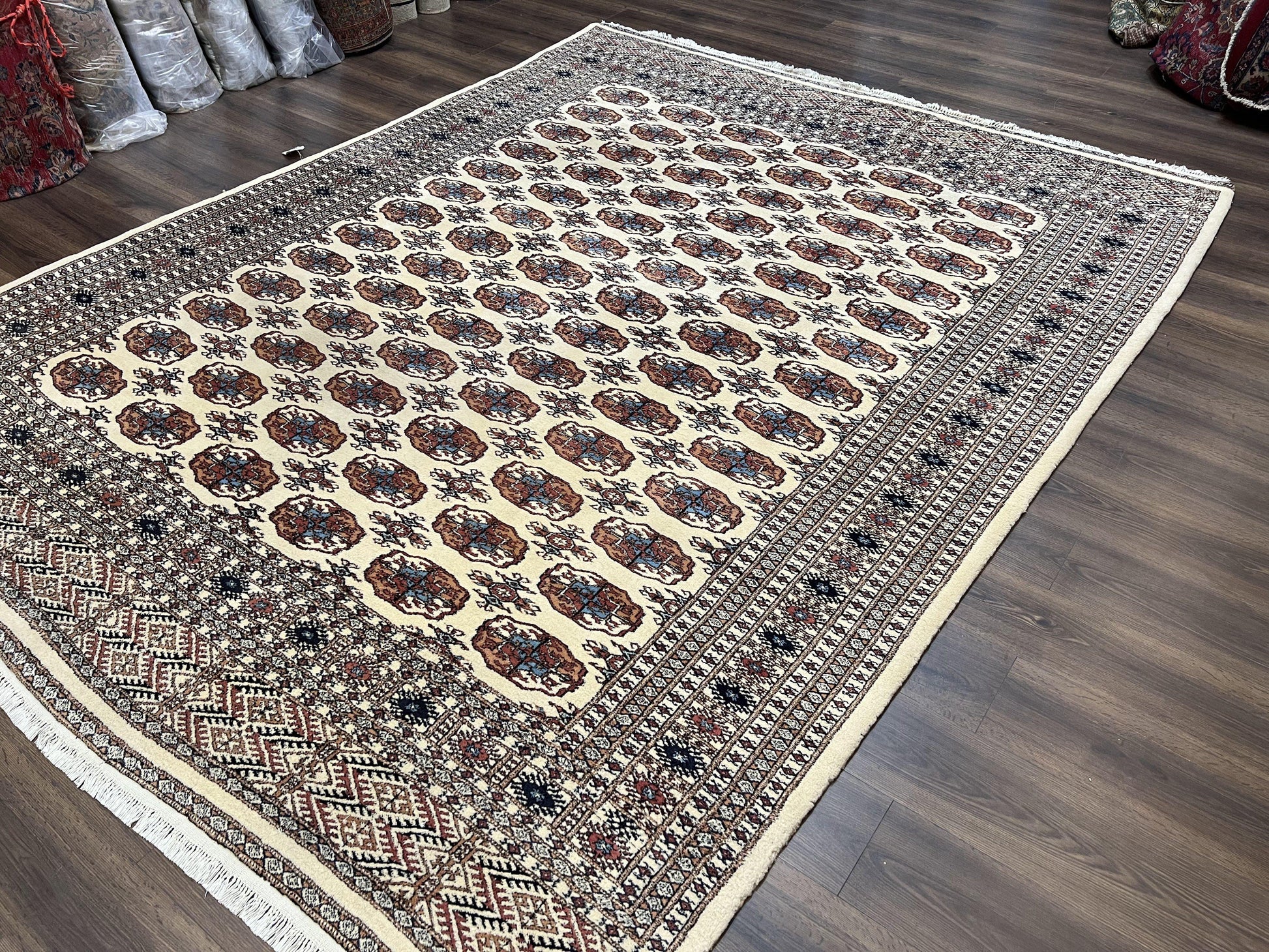 Pakistani Bokhara Rug 8x10, Traditional Turkoman Tribal Carpet, Allover Repeated Elephant Foot Motif, Ivory/Cream Black Red, Vintage Handmade - Nuvé