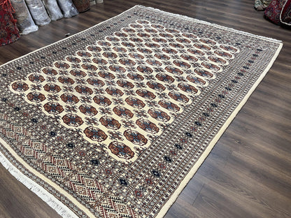 Pakistani Bokhara Rug 8x10, Traditional Turkoman Tribal Carpet, Allover Repeated Elephant Foot Motif, Ivory/Cream Black Red, Vintage Handmade - Nuvé