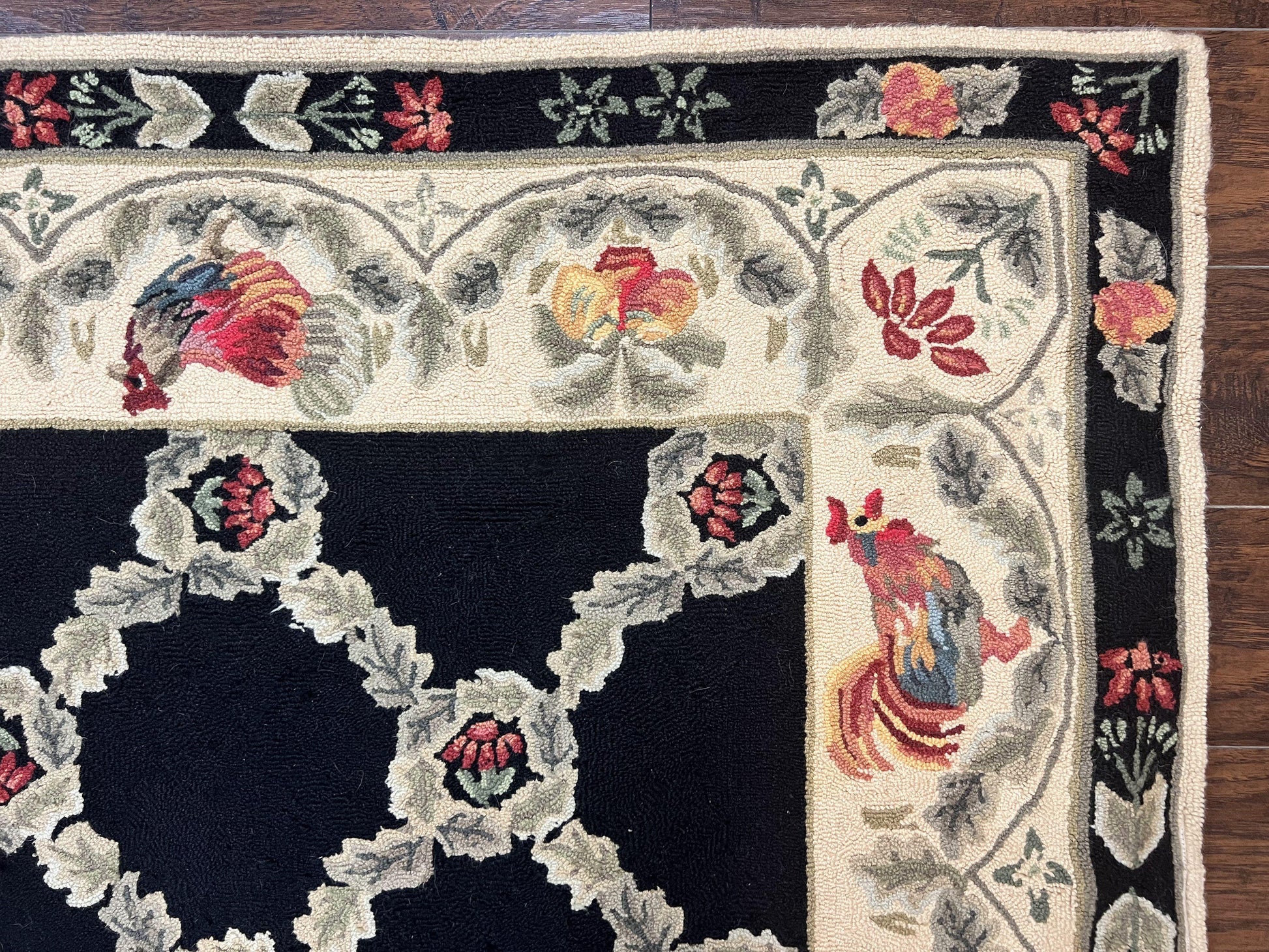 Hooked Rug 5x8, European Aubusson Pattern, Black and Ivory, Roses & Roosters, Vintage Wool Rug - Nuvé