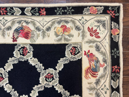 Hooked Rug 5x8, European Aubusson Pattern, Black and Ivory, Roses & Roosters, Vintage Wool Rug - Nuvé