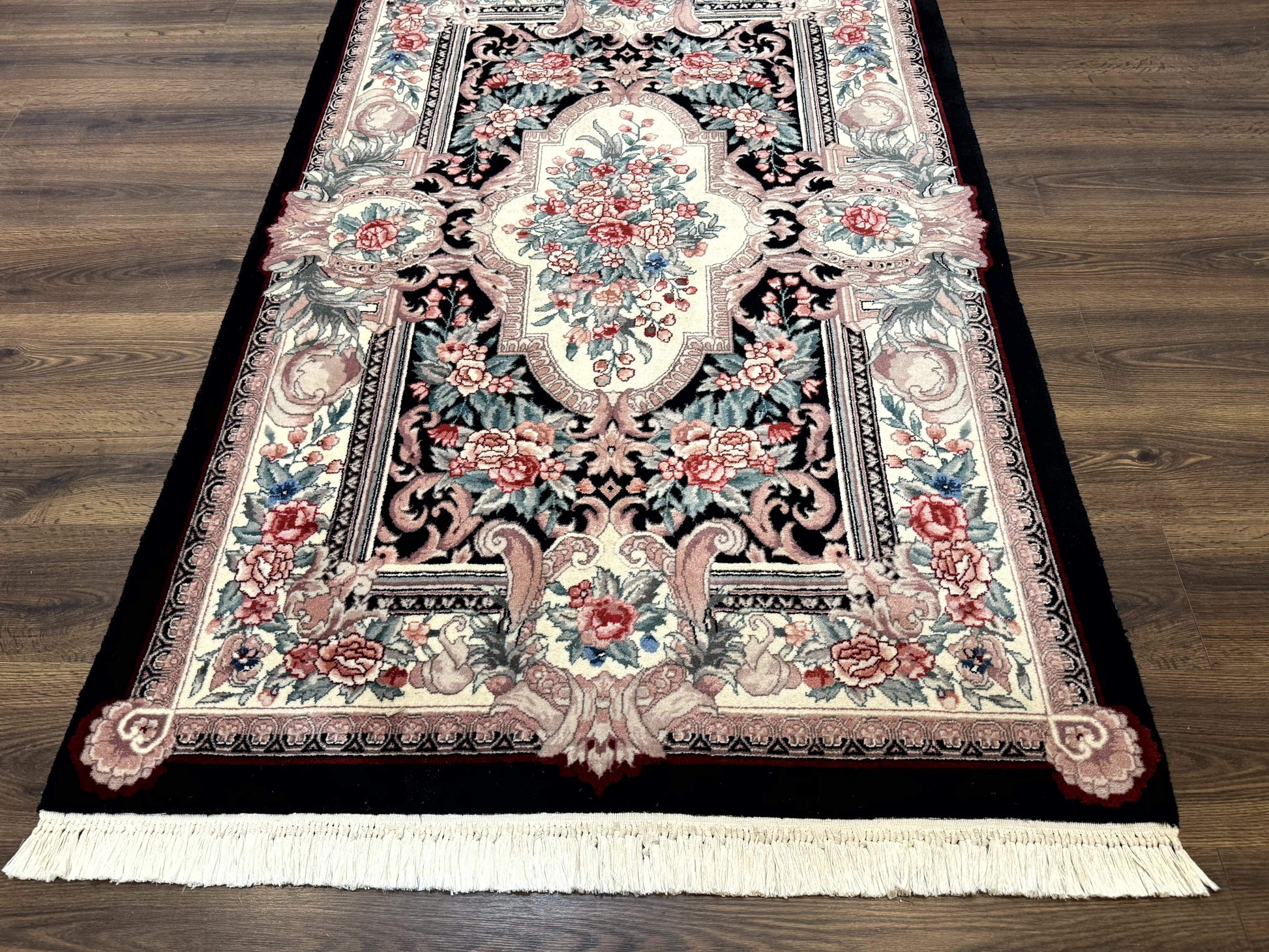 Aubusson Rug 4x6, Elegant European Floral Design, Black and Ivory, Fine 200 KPSI - Nuvé