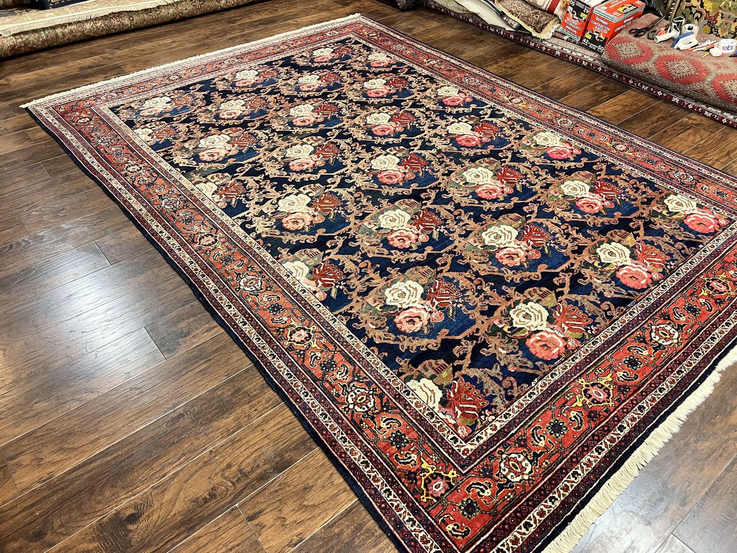 Persian Bidjar Rug 8x11, Floral Bouquets, Blue Black Red Pink, Handmade Hand Knotted Vintage Semi Antique Oriental Carpet - Nuvé