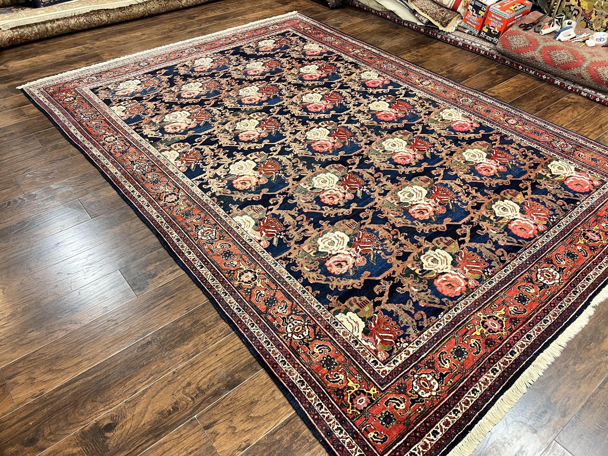 Persian Bidjar Rug 8x11, Floral Bouquets, Blue Black Red Pink, Handmade Hand Knotted Vintage Semi Antique Oriental Carpet - Nuvé