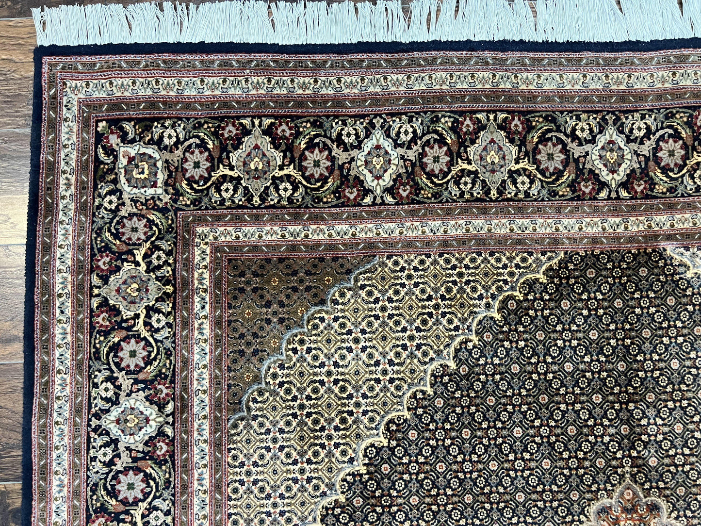 Persian Tabriz Rug 7x10, Very Fine 330 KPSI 50 Raj, Black and Beige, Handmade Wool Vintage Persian Carpet - Nuvé