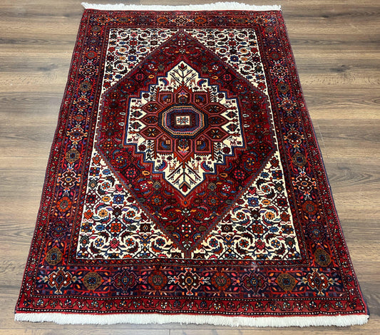 Fine Persian Bidjar Rug 3x5, Geometric Medallion Oriental Bijar Carpet 3 x 5 ft, Ruby Red and Cream, Hand Knotted Wool Rug, Semi Antique Tribal Rug, Nice - Nuvé